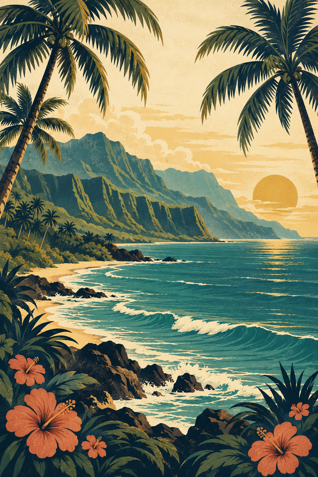Vintage-style illustration of a sunlit tropical coast, palm trees, hibiscus flowers, and rolling ocean waves.